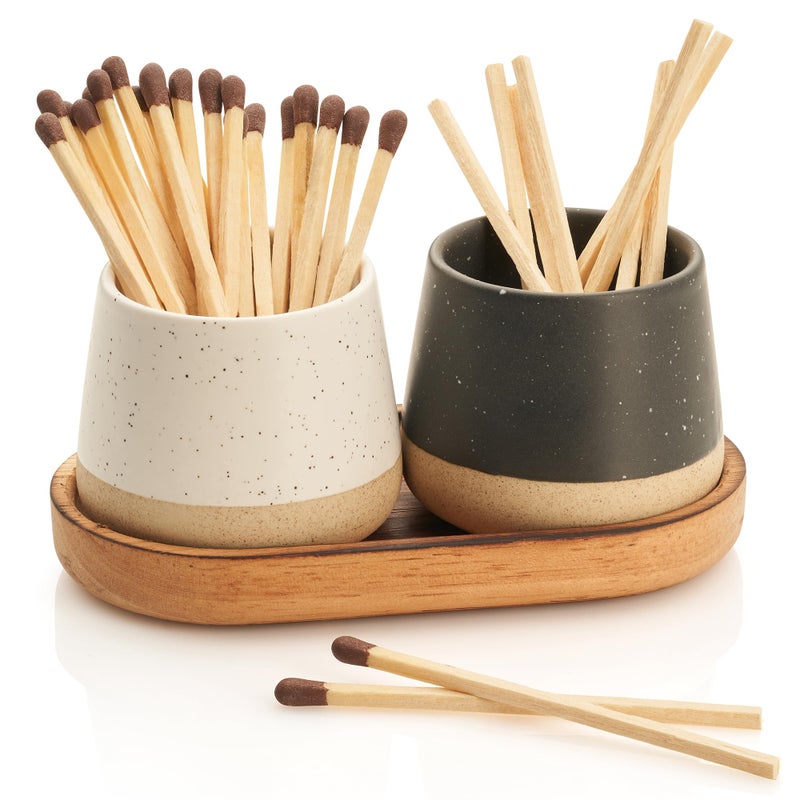 Decorative Ceramic Match Holder with Wooden Tray Set of 2 Beautiful Matte Holders with Striker are an Upgrade to Any Home Decor Enhance Your Living Room with Cute Jars Matches Not Incl